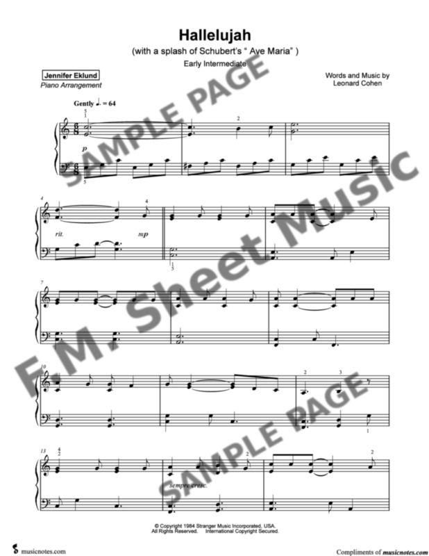 Hallelujah (Early Intermediate Piano) By Leonard Cohen - F.M. Sheet